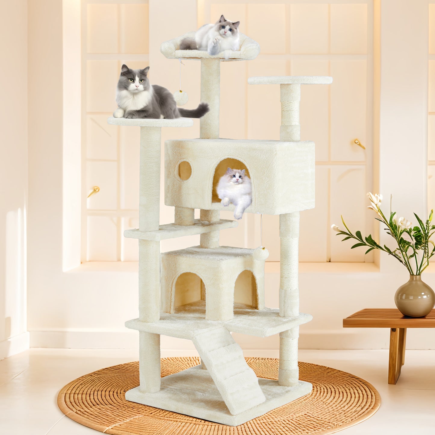 54” Multi-Functional Cat Tree House with Toys & Lounge – Dark Blue