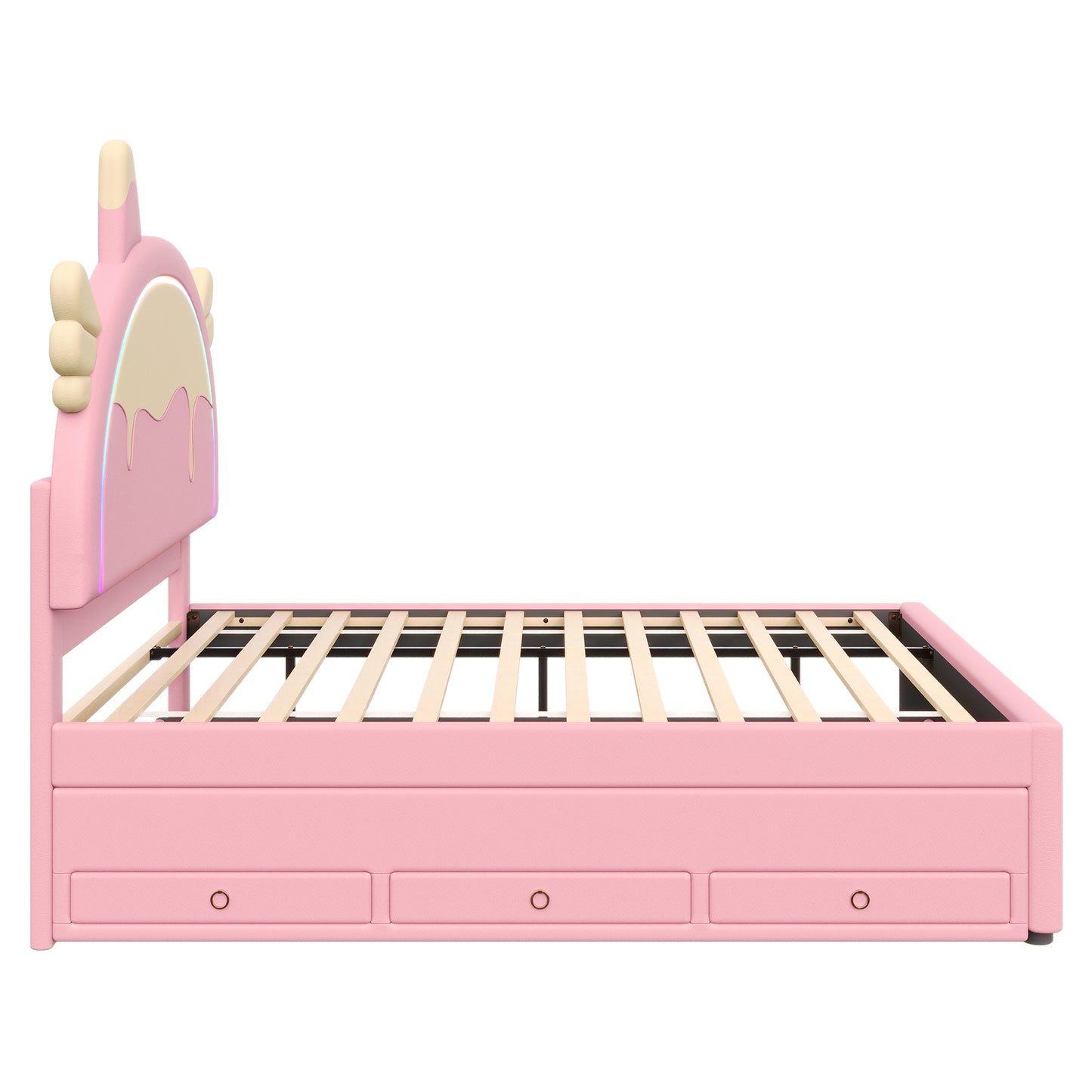 140*200cm Cartoon Kinderbett, Einhornform, ausgestattet mit ausziehbares rollbett, PU-Material, Ferngesteuerte LED-Ambientebeleuchtung, Rosa