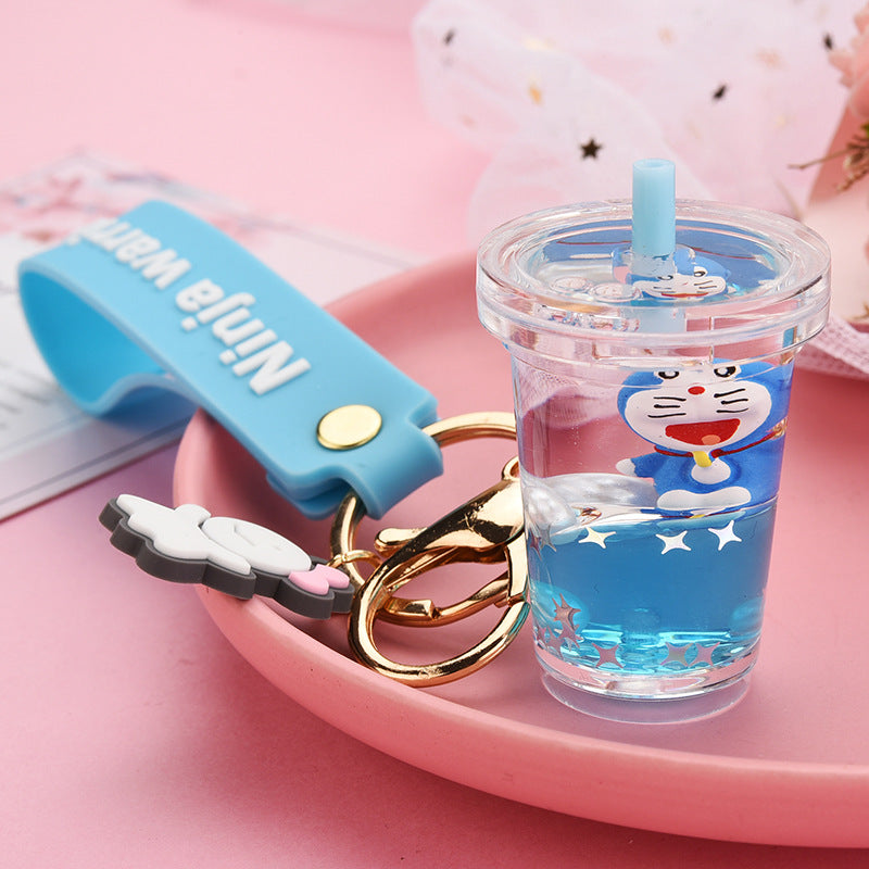 Net Red Creative Gift New Liquid Quicksand Milk Tea Cup Keychain Kitten Doll Floating Bag Pendant Ornaments