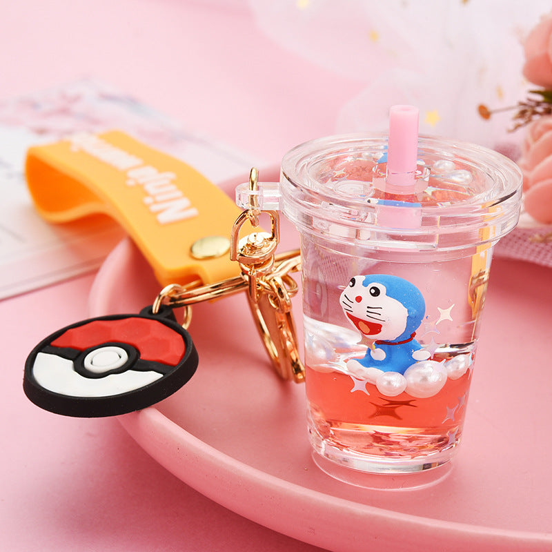 Net Red Creative Gift New Liquid Quicksand Milk Tea Cup Keychain Kitten Doll Floating Bag Pendant Ornaments