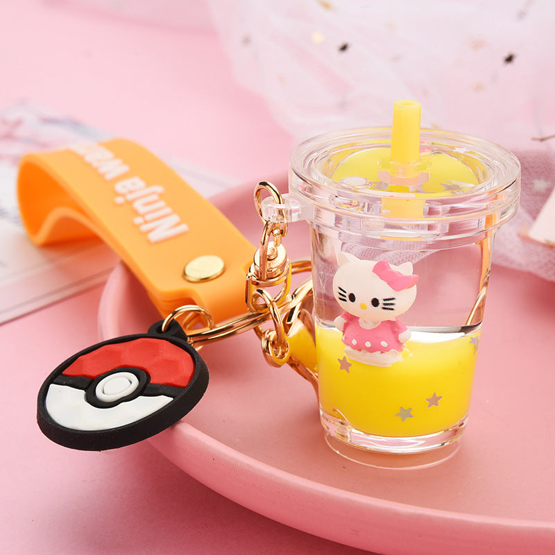 Net Red Creative Gift New Liquid Quicksand Milk Tea Cup Keychain Kitten Doll Floating Bag Pendant Ornaments