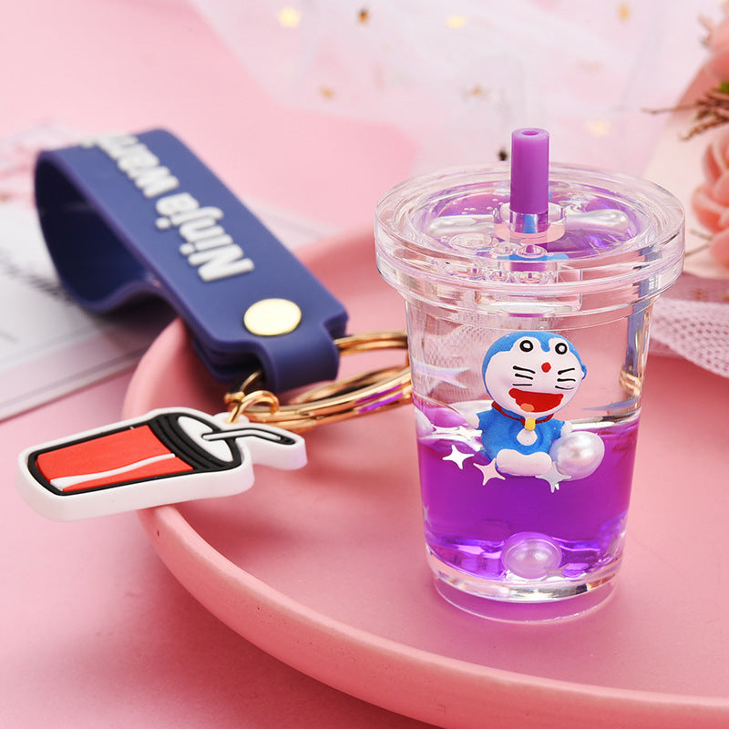 Net Red Creative Gift New Liquid Quicksand Milk Tea Cup Keychain Kitten Doll Floating Bag Pendant Ornaments