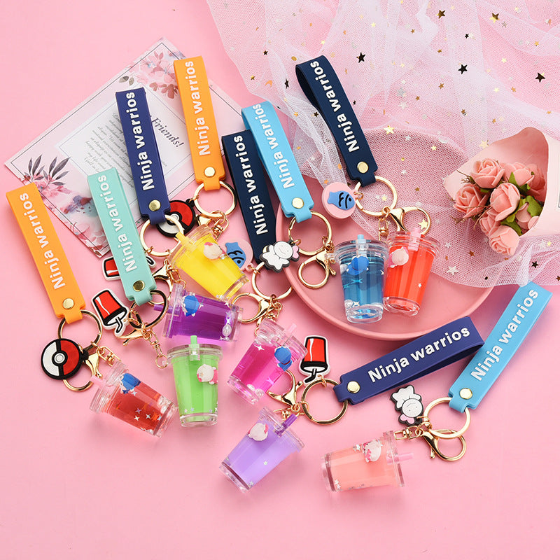 Net Red Creative Gift New Liquid Quicksand Milk Tea Cup Keychain Kitten Doll Floating Bag Pendant Ornaments