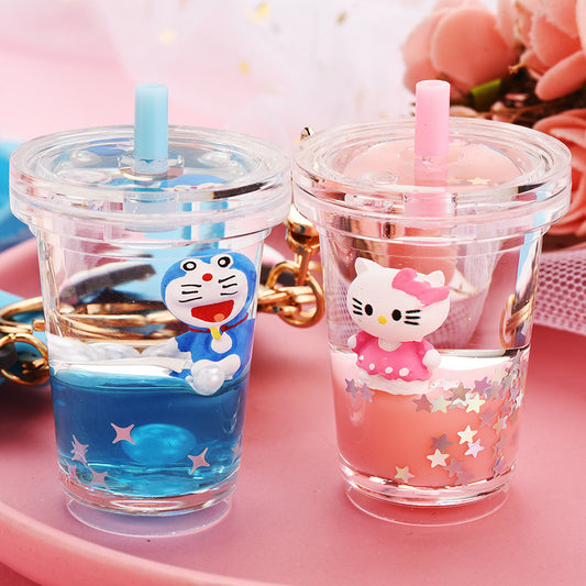 Net Red Creative Gift New Liquid Quicksand Milk Tea Cup Keychain Kitten Doll Floating Bag Pendant Ornaments