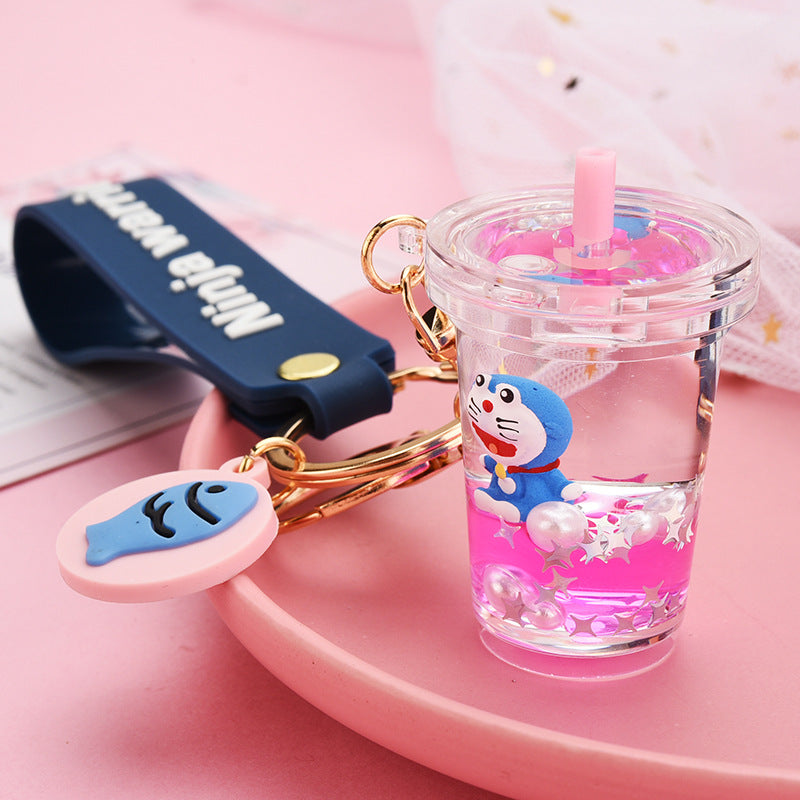 Net Red Creative Gift New Liquid Quicksand Milk Tea Cup Keychain Kitten Doll Floating Bag Pendant Ornaments