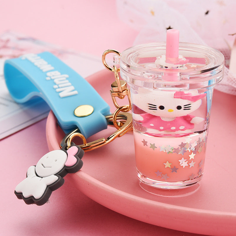 Net Red Creative Gift New Liquid Quicksand Milk Tea Cup Keychain Kitten Doll Floating Bag Pendant Ornaments
