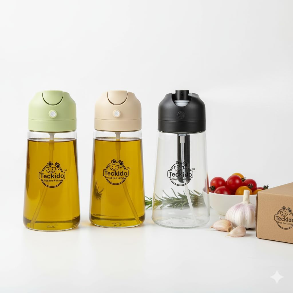 TECKIDO Glass Oil Dispenser Bottle with Flip Cap, Clear with Black Green Beige Lids, Modern Style, Kitchen Condiment Storage 470 ML