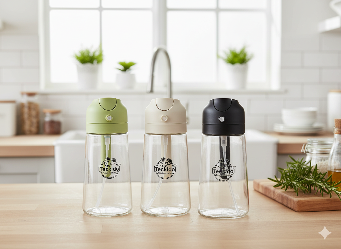 TECKIDO Glass Oil Dispenser Bottle with Flip Cap, Clear with Black Green Beige Lids, Modern Style, Kitchen Condiment Storage 470 ML