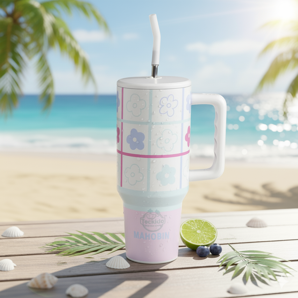 40oz Cute Printed Insulated Tumbler with Handle & Straw — Aesthetic Travel Cup for Hot & Cold Drinks