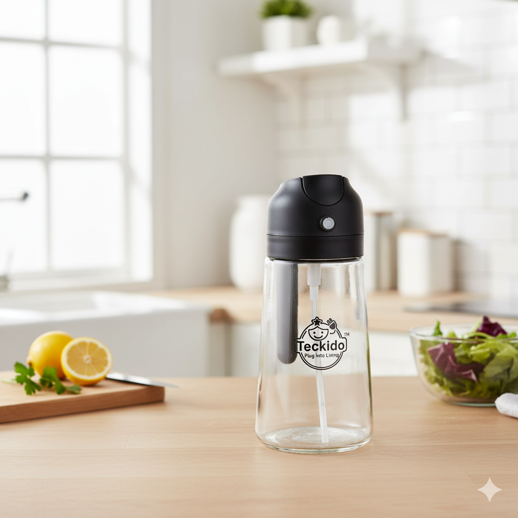 TECKIDO Glass Oil Dispenser Bottle with Flip Cap, Clear with Black Green Beige Lids, Modern Style, Kitchen Condiment Storage 470 ML