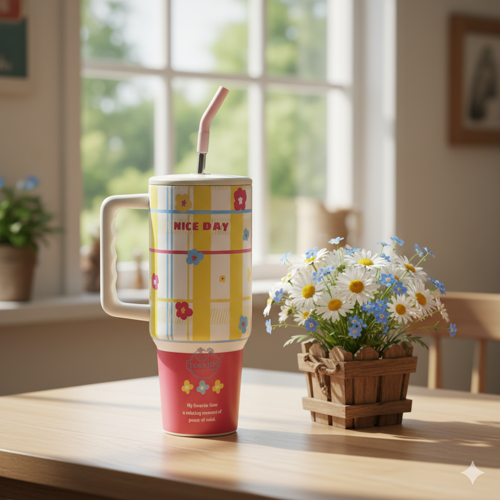 40oz Cute Printed Insulated Tumbler with Handle & Straw — Aesthetic Travel Cup for Hot & Cold Drinks