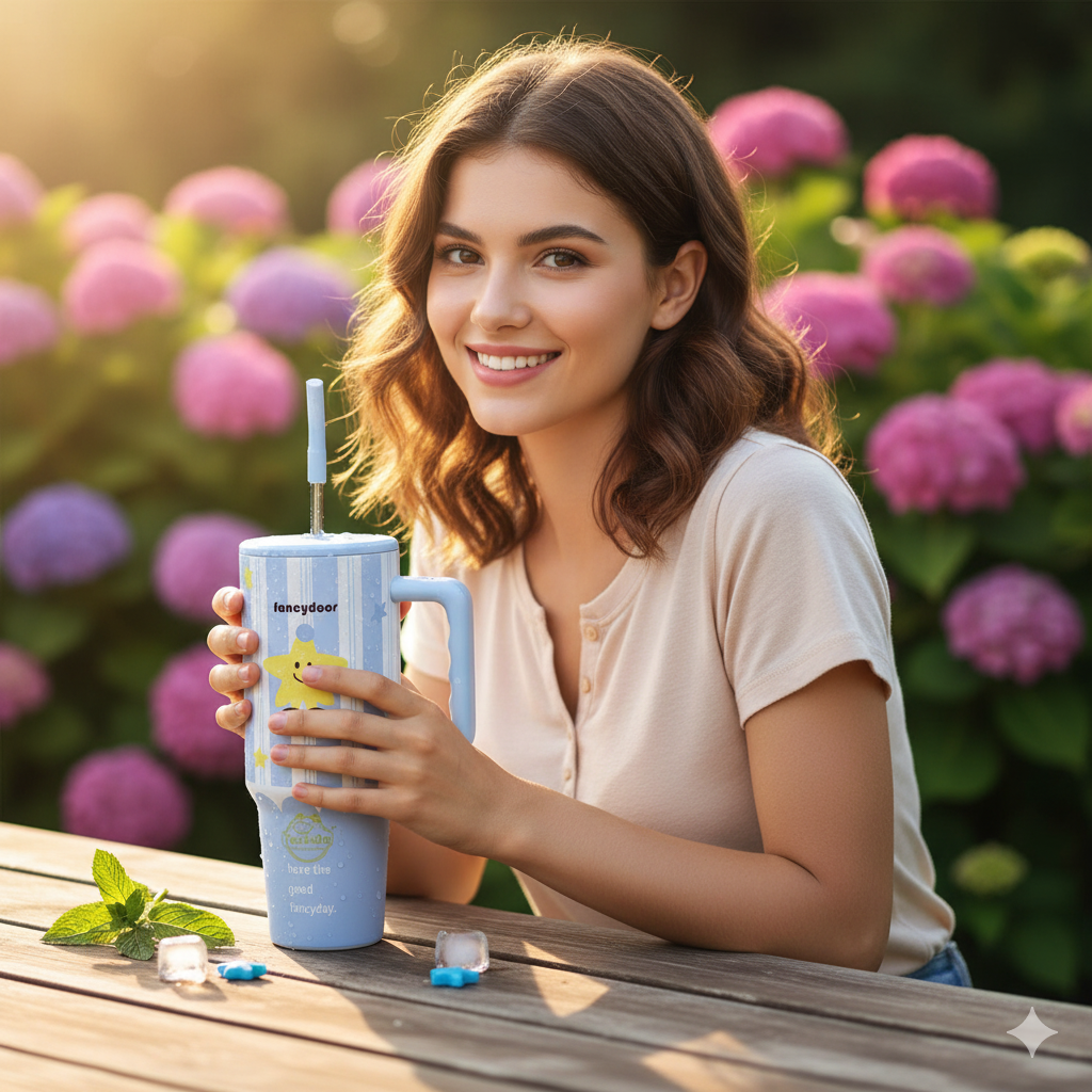 40oz Cute Printed Insulated Tumbler with Handle & Straw — Aesthetic Travel Cup for Hot & Cold Drinks