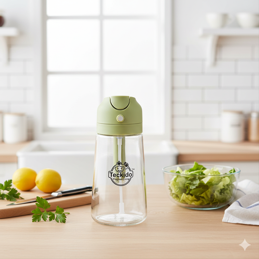 TECKIDO Glass Oil Dispenser Bottle with Flip Cap, Clear with Black Green Beige Lids, Modern Style, Kitchen Condiment Storage 470 ML