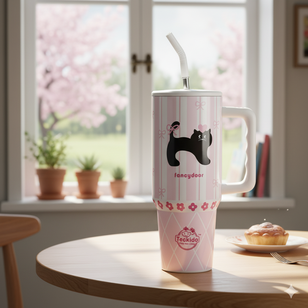 40oz Cute Printed Insulated Tumbler with Handle & Straw — Aesthetic Travel Cup for Hot & Cold Drinks