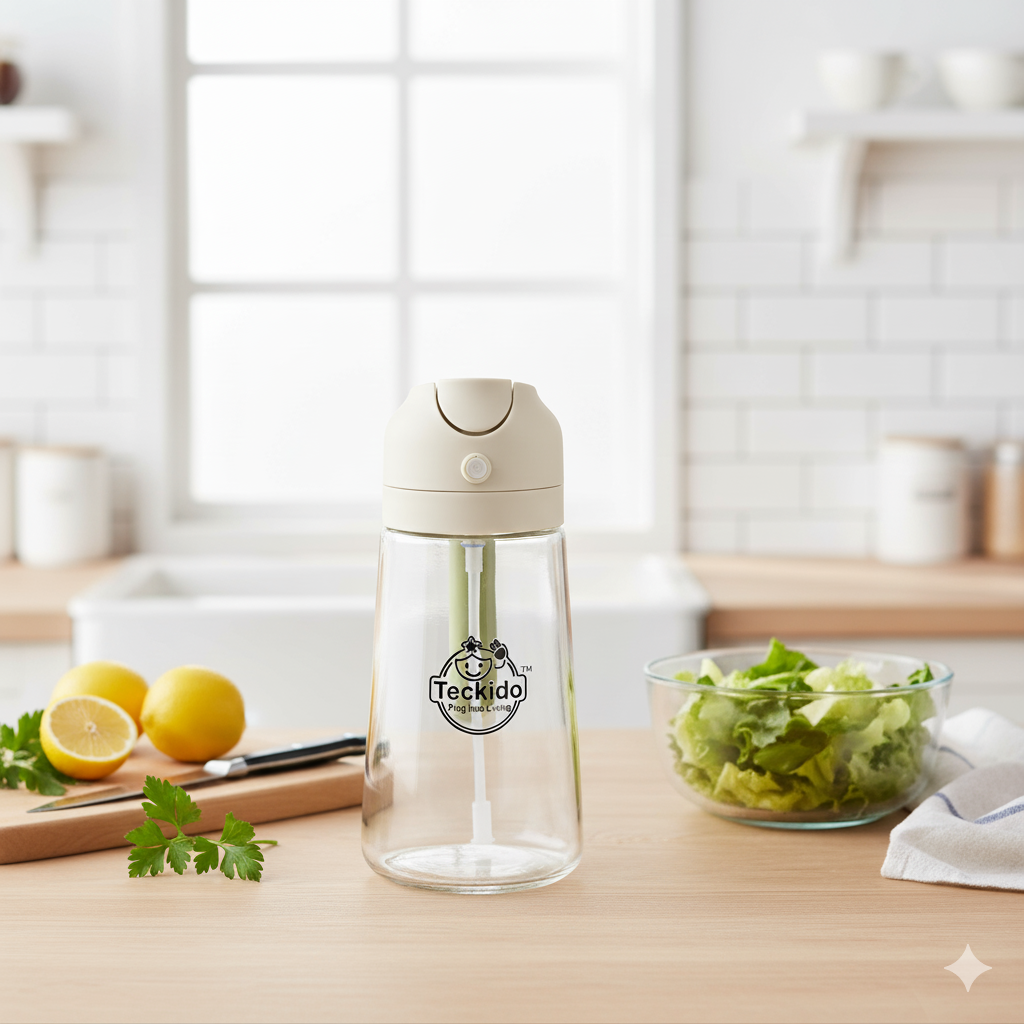 TECKIDO Glass Oil Dispenser Bottle with Flip Cap, Clear with Black Green Beige Lids, Modern Style, Kitchen Condiment Storage 470 ML