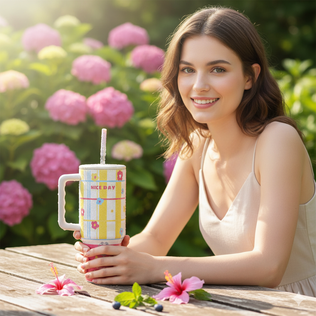 40oz Cute Printed Insulated Tumbler with Handle & Straw — Aesthetic Travel Cup for Hot & Cold Drinks