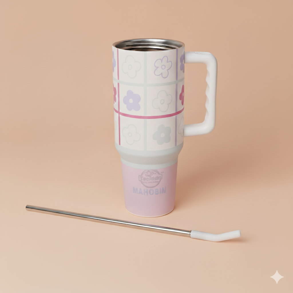 40oz Cute Printed Insulated Tumbler with Handle & Straw — Aesthetic Travel Cup for Hot & Cold Drinks