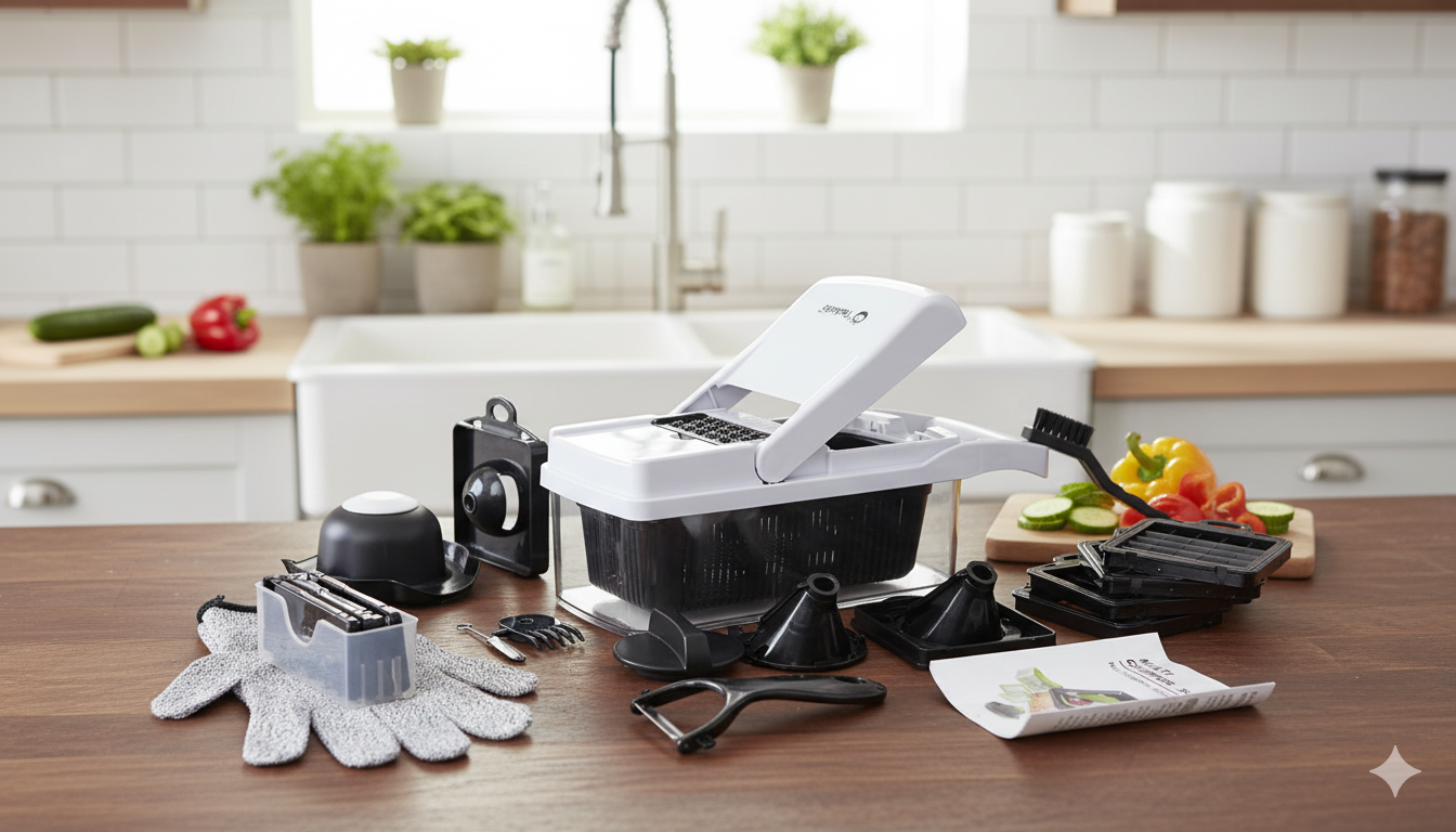 26-in-1 Vegetable Chopper & Slicer Set with Container — Multi Cutter with 16 Blades, Peeler, Glove, Hand Guard & Cleaning Tools