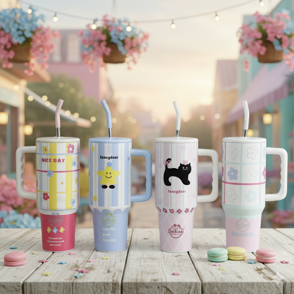 40oz Cute Printed Insulated Tumbler with Handle & Straw — Aesthetic Travel Cup for Hot & Cold Drinks