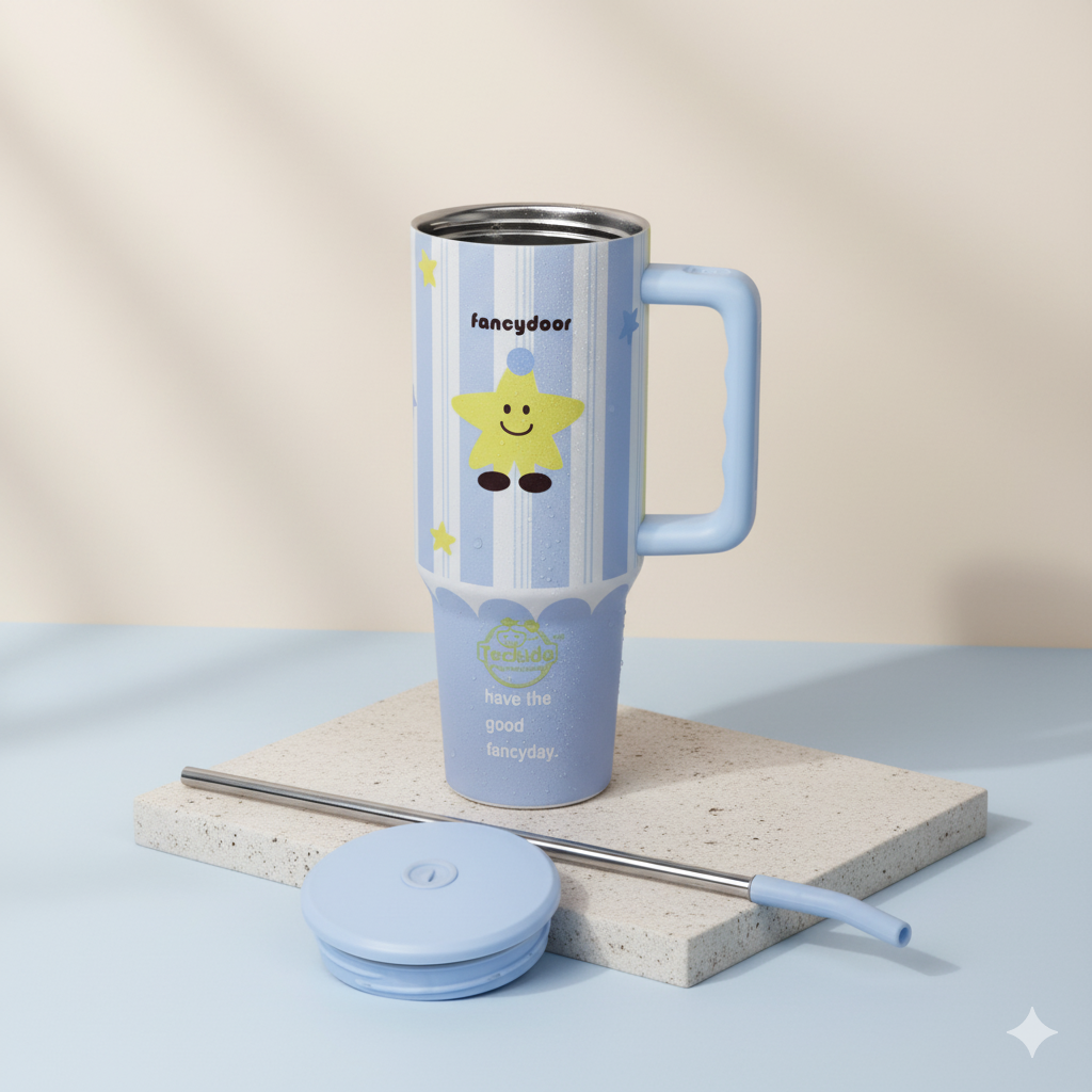 40oz Cute Printed Insulated Tumbler with Handle & Straw — Aesthetic Travel Cup for Hot & Cold Drinks