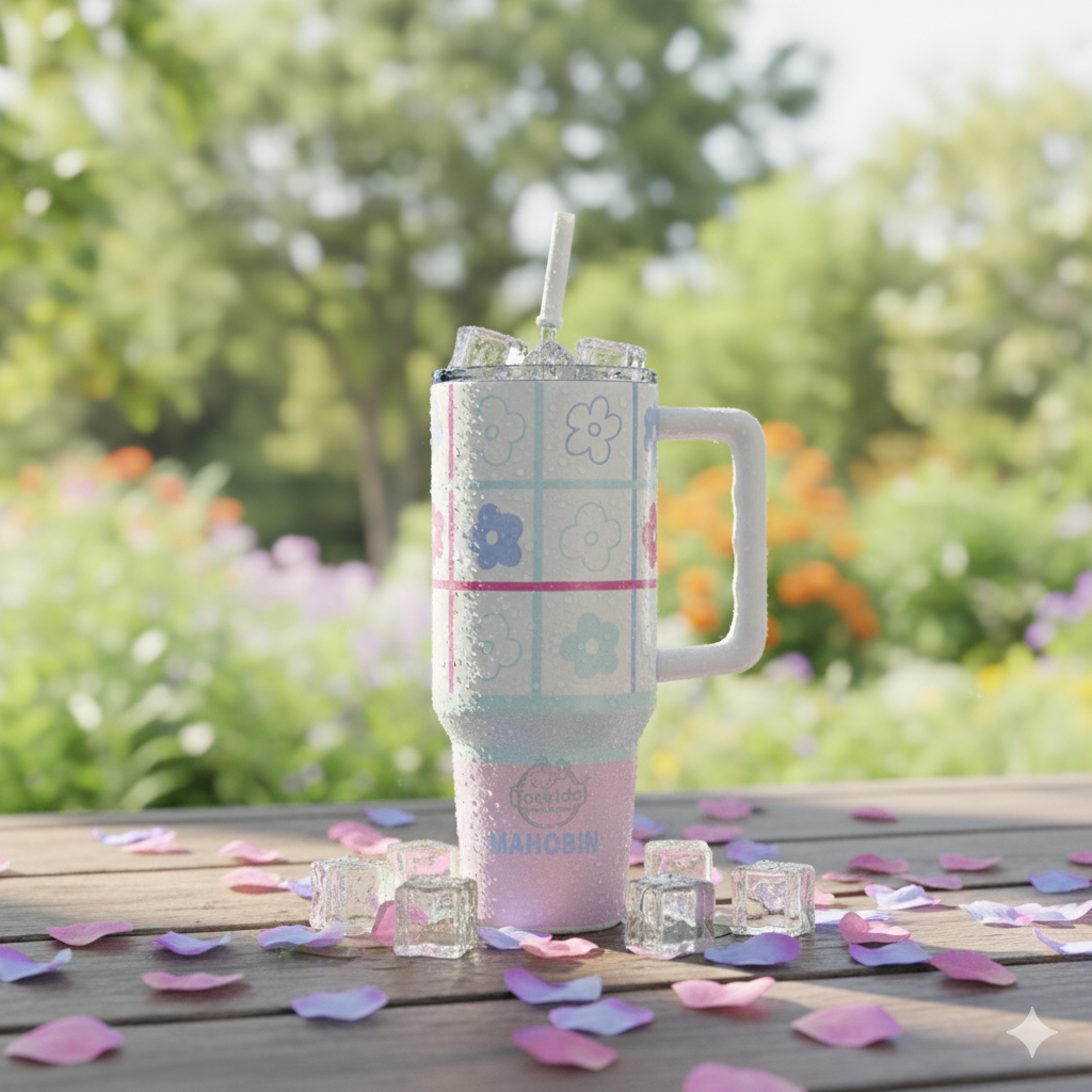 40oz Cute Printed Insulated Tumbler with Handle & Straw — Aesthetic Travel Cup for Hot & Cold Drinks