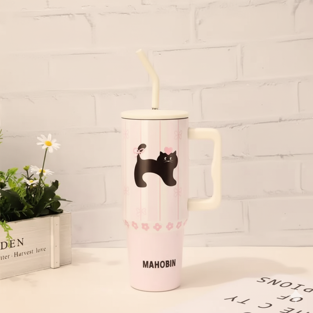 40oz Cute Printed Insulated Tumbler with Handle & Straw — Aesthetic Travel Cup for Hot & Cold Drinks