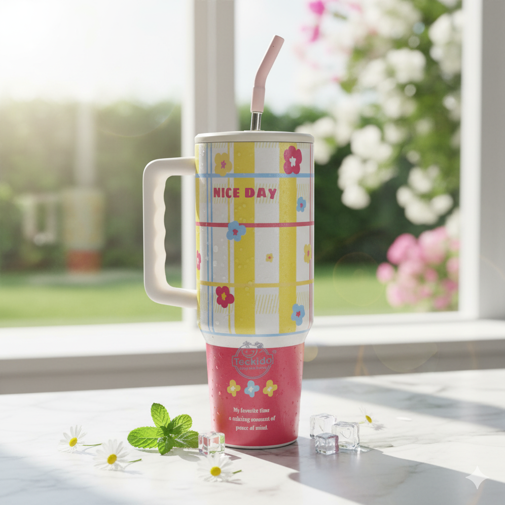 40oz Cute Printed Insulated Tumbler with Handle & Straw — Aesthetic Travel Cup for Hot & Cold Drinks