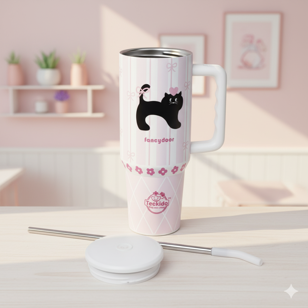 40oz Cute Printed Insulated Tumbler with Handle & Straw — Aesthetic Travel Cup for Hot & Cold Drinks