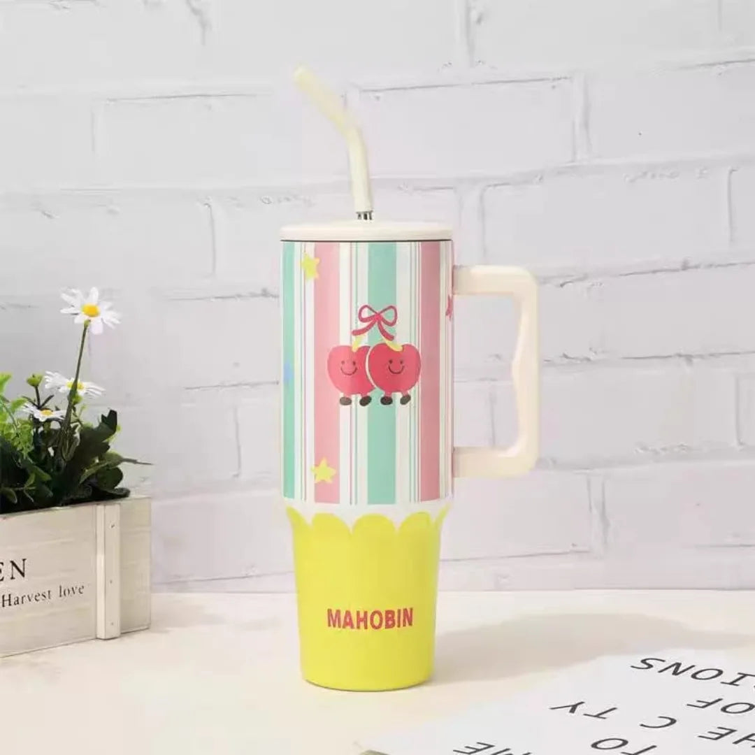 40oz Cute Printed Insulated Tumbler with Handle & Straw — Aesthetic Travel Cup for Hot & Cold Drinks