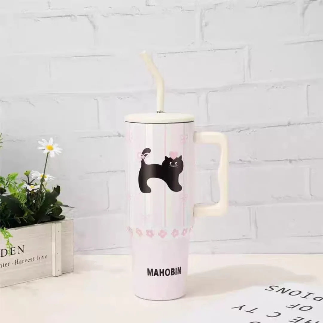40oz Cute Printed Insulated Tumbler with Handle & Straw — Aesthetic Travel Cup for Hot & Cold Drinks