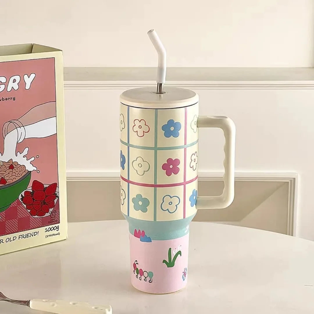 40oz Cute Printed Insulated Tumbler with Handle & Straw — Aesthetic Travel Cup for Hot & Cold Drinks