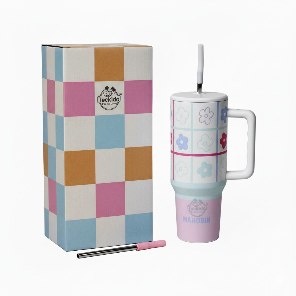 40oz Cute Printed Insulated Tumbler with Handle & Straw — Aesthetic Travel Cup for Hot & Cold Drinks