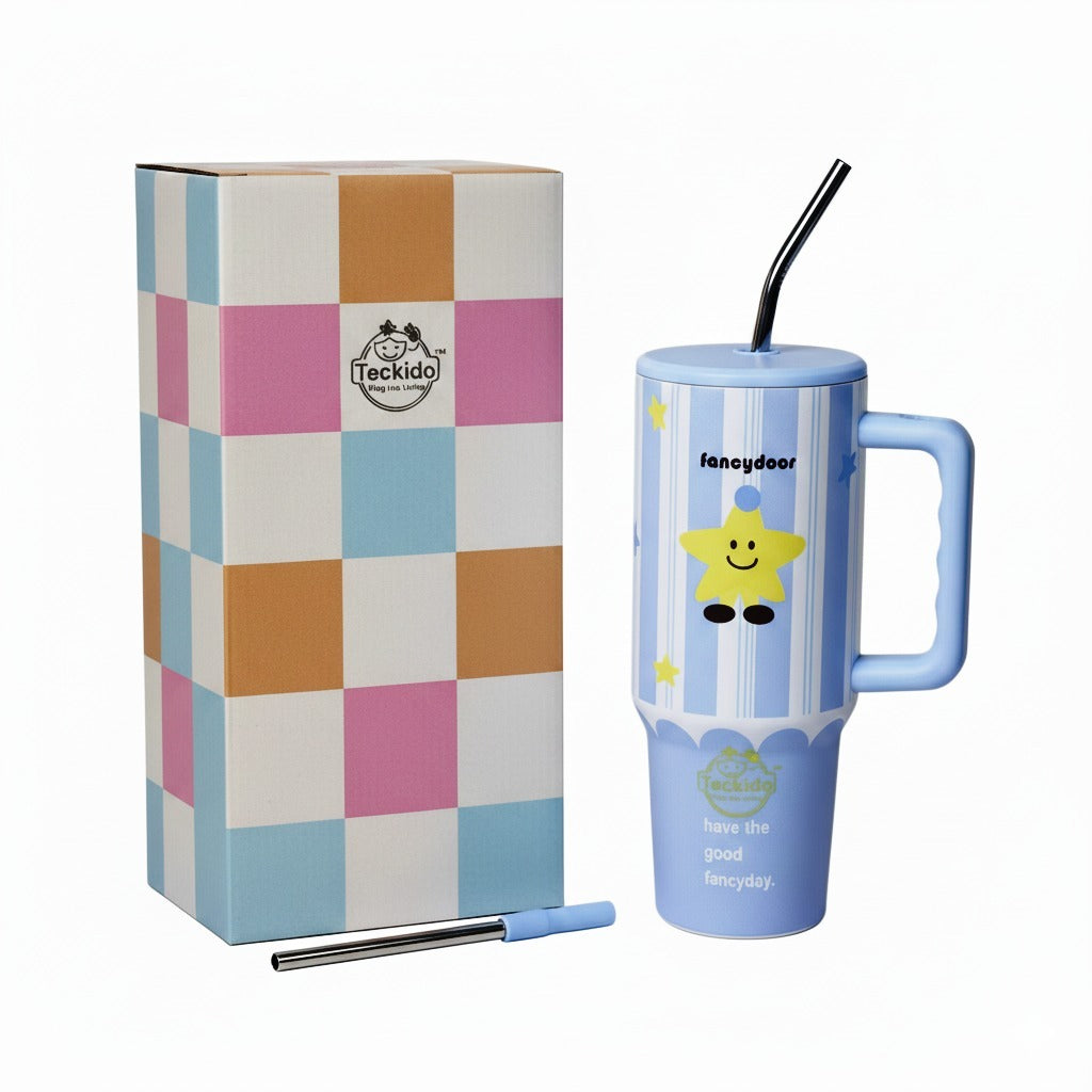 40oz Cute Printed Insulated Tumbler with Handle & Straw — Aesthetic Travel Cup for Hot & Cold Drinks