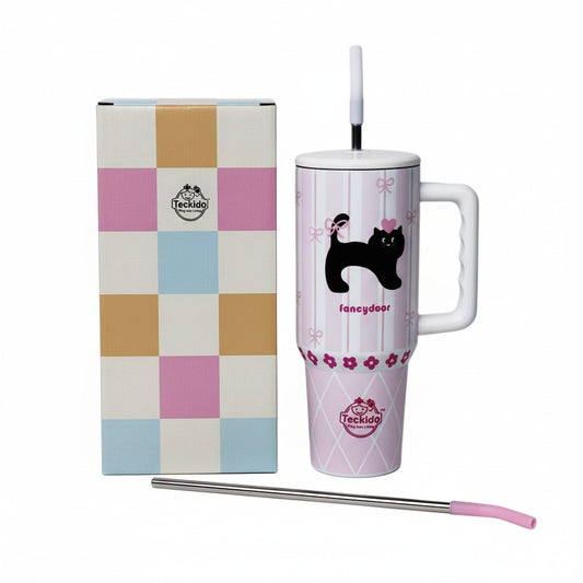 40oz Cute Printed Insulated Tumbler with Handle & Straw — Aesthetic Travel Cup for Hot & Cold Drinks