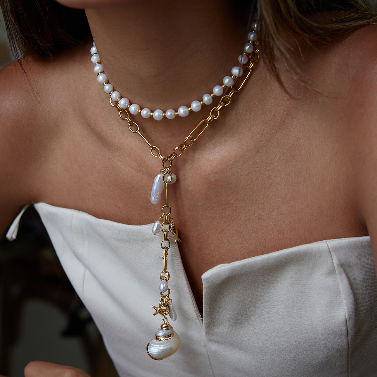 Minimalist Y-Chain Necklace with Conch Pendant – High-Grade Stainless Steel