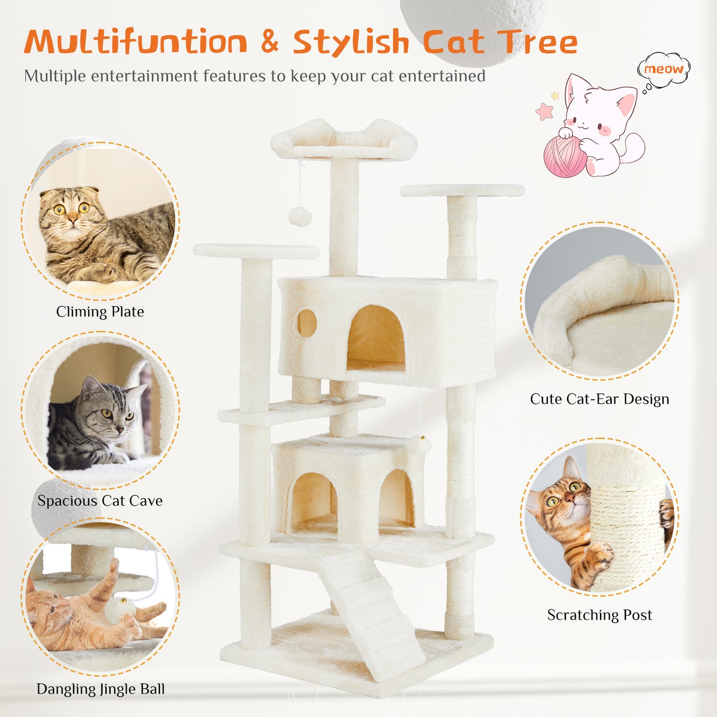 54” Multi-Functional Cat Tree House with Toys & Lounge – Dark Blue