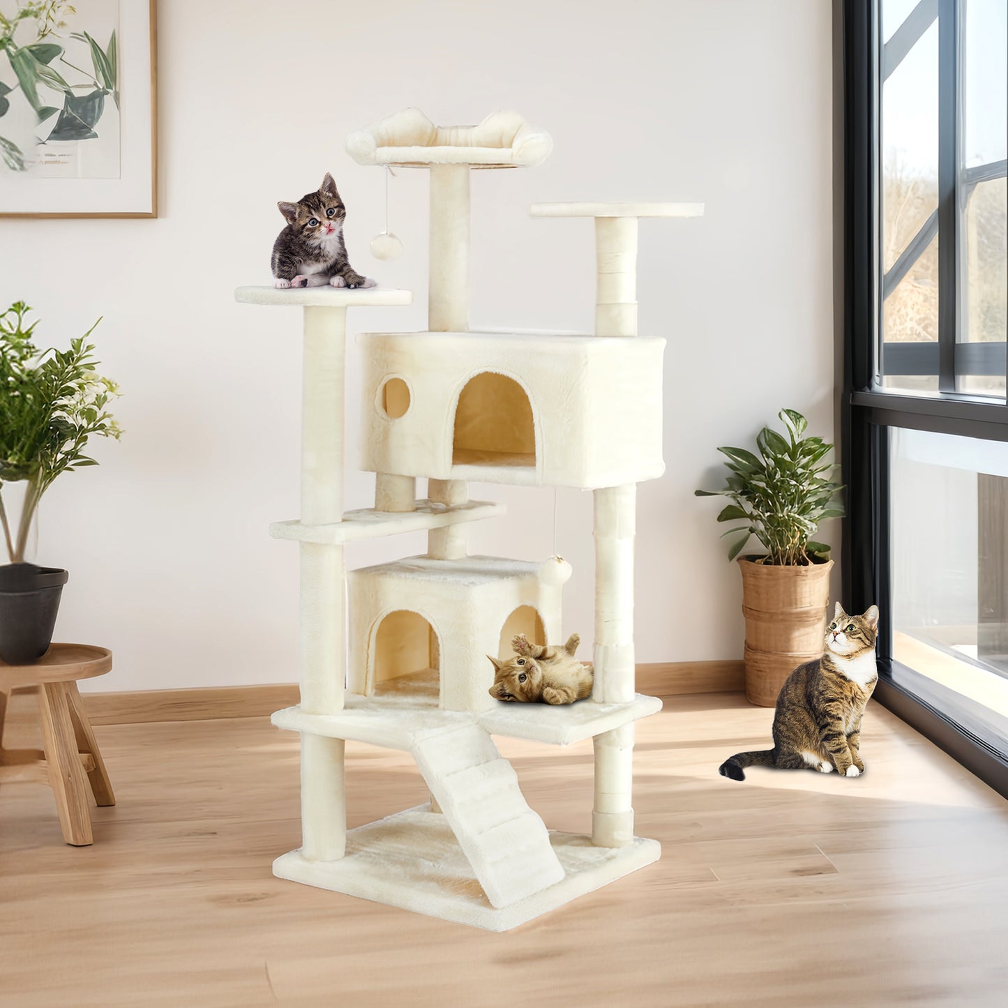 54” Multi-Functional Cat Tree House with Toys & Lounge – Dark Blue