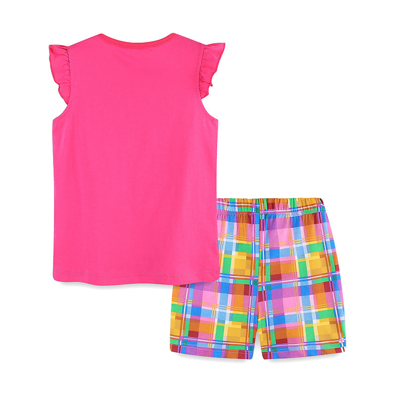 Summer Baby Kids Cartoon Camera Pattern Vest and Plaid Shorts Clothing