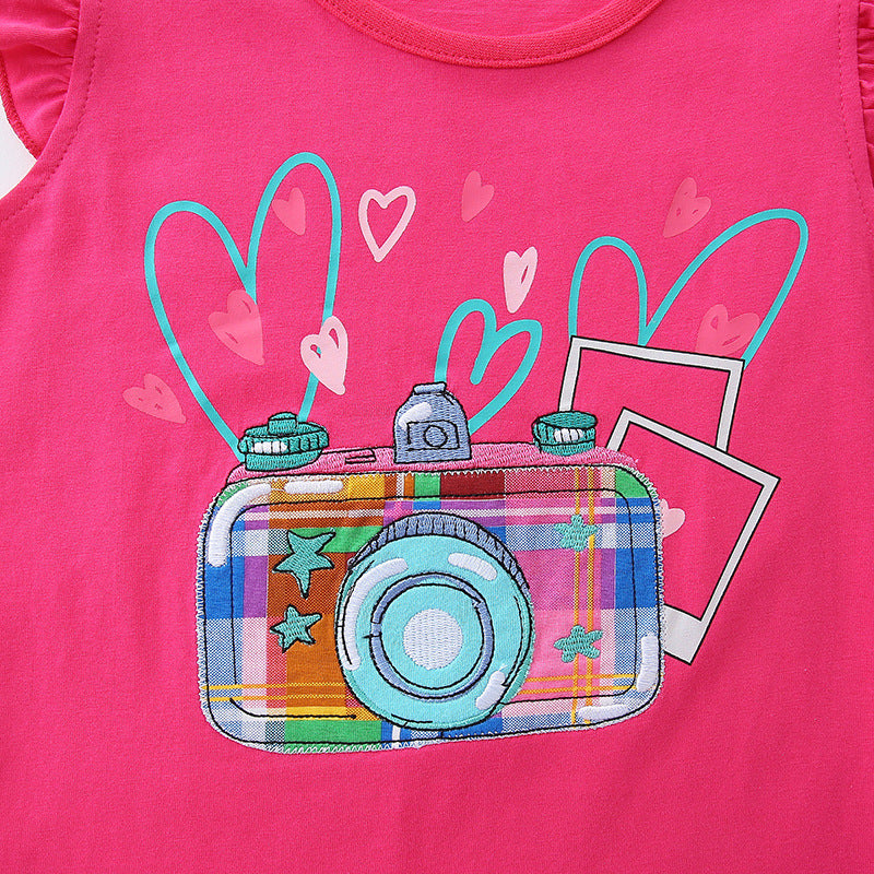 Summer Baby Kids Cartoon Camera Pattern Vest and Plaid Shorts Clothing
