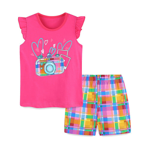 Summer Baby Kids Cartoon Camera Pattern Vest and Plaid Shorts Clothing